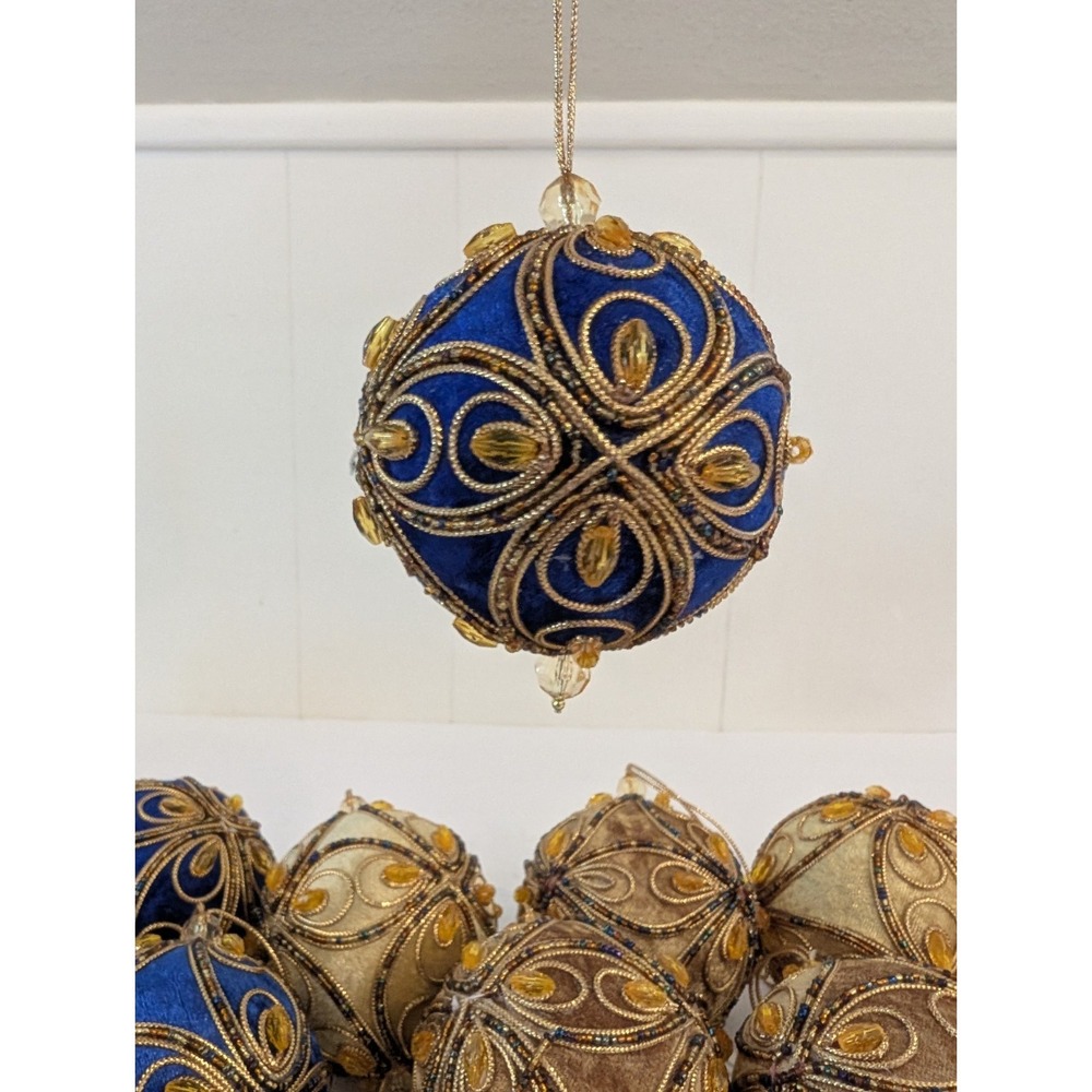 Lot 9 Blue Gold Velvet PUSH PIN Christmas Ornaments Beaded Trim MCM Vintage - Picture 5 of 16